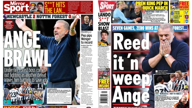 Newspaper back pages saying 'Ange Brawl' and 'Reed it'n weep Ange'