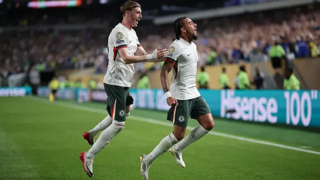 Malo Gusto and Cole Palmer celebrate scoring against Palmeiras