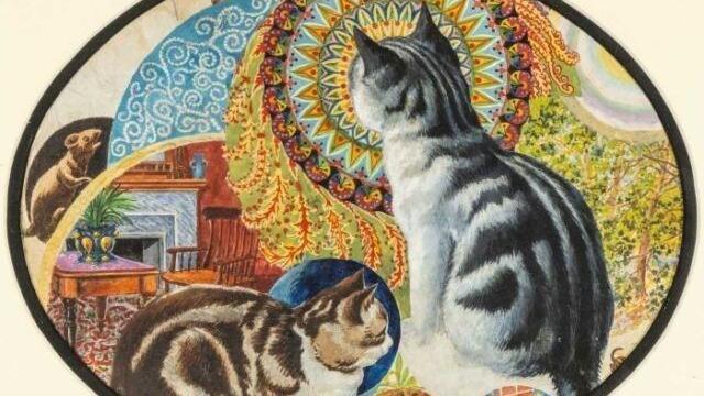 Louis Wain's painting of two cats; one is grey, black and white in colour. It is sitting with its back to the viewer. The other is brown in colour. It is lying down, side on to the viewer. The grey cat is looking towards a mouse-like creature. The viewer cannot see what the other cat is gazing towards