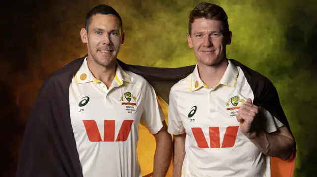 Scott Boland and Brendan Doggett pose for photos before the first Test