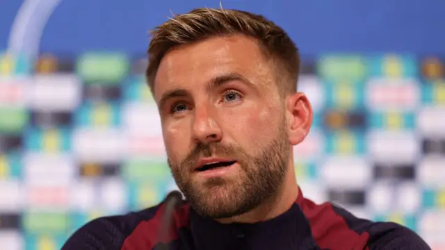 England's defender #03 Luke Shaw speaks during a press conference at the team's base camp, the Weimarer Land golf resort, near Blankenhain, on July 8, 2024