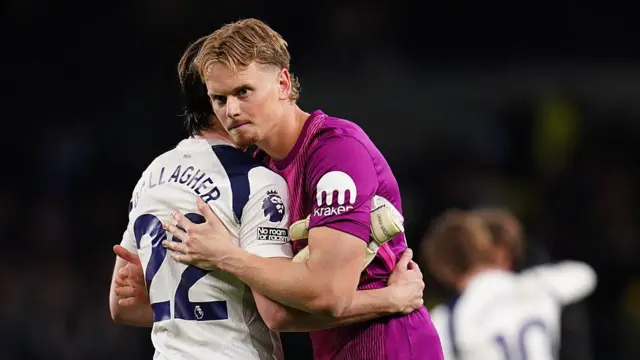 Antonin Kinsky and Conor Gallagher embracing