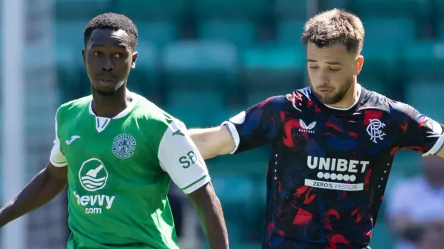 Hibs Alasana Manneh and Rangers Nicolas Raskin