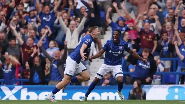 Liam Delap of Ipswich Town celebrates scoring against Fulham