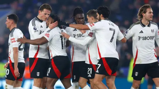 Fulham celebrate Adama Traore's goal at Leicester 