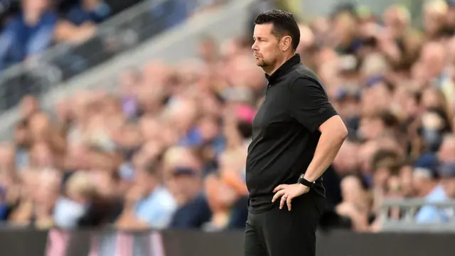Crystal Palace's French manager Pierre Sage watches the players from the touchline during the English Premier League football match between Everton and Crystal Palace.