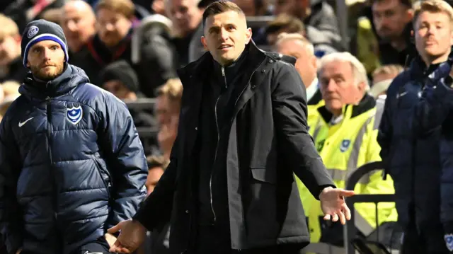 Portsmouth boss John Mousinho looks frustrated during the 2-1 defeat at home to Plymouth Argyle