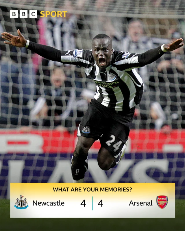 Cheick Tiote celebrates a goal for Newcastle against Arsenal and the score reads 4-4