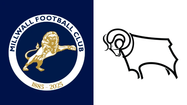 The club badges of Millwall and Derby side by side. The Millwall one has a lion drawn in gold on its hind legs on a blue background with a white circle around it in which is written Millwall Football Club 1885 - 2025. Derby have a ram drawn in black on a white background