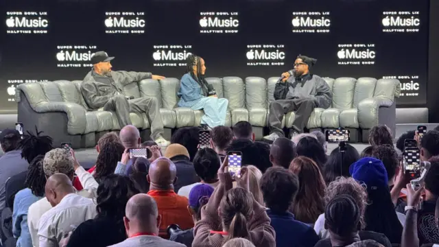 Kendrick Lamar speaking at his Super Bowl half-time show news conference