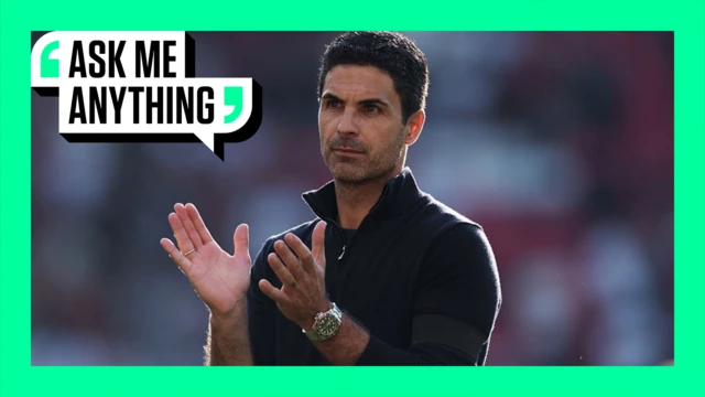 Arsenal boss Mikel Arteta applauding the fans, with BBC Sport's 'Ask Me Anything' logo in the top corner of the image