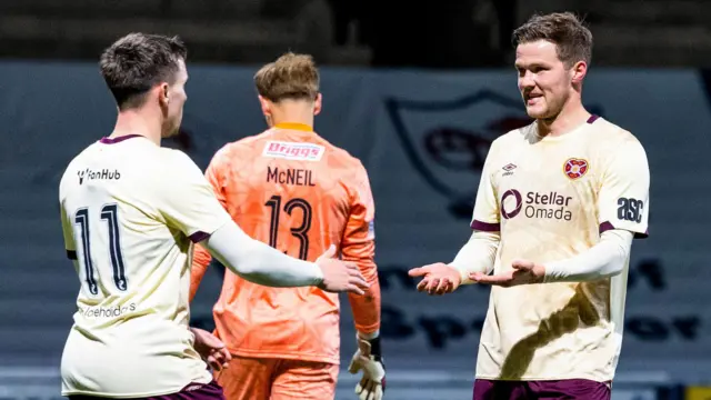 Hearts' Blair Spittal (R) celebrates making it 1-0 with Barrie McKay during a friendly match between Raith Rovers and Heart of Midlothian at Stark's Park