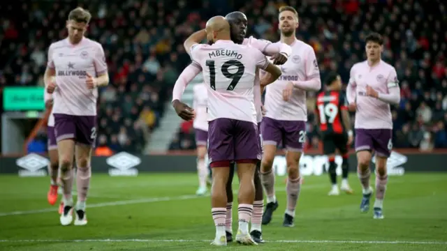 Yoane Wissa and Bryan Mbuemo celebrate for Brentford