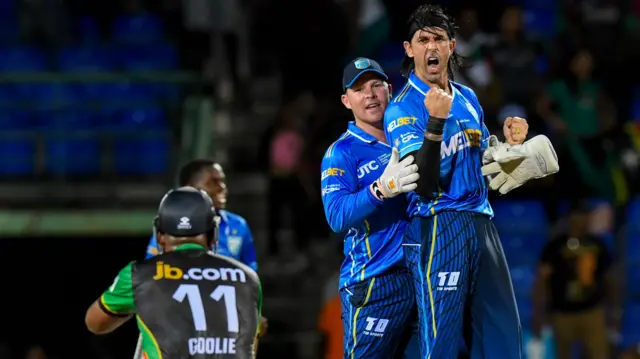 David Wiese celebrates helping Saint Lucia Kings beat St Kitts and Nevis Patriots