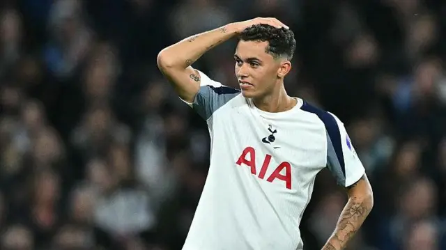 Brennan Johnson reacts before being sent off during the UEFA Champions League, league phase football match between Tottenham Hotspur and FC Copenhagen
