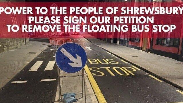 Image from the petition to remove the floating bus stop in Shrewsbury, the banner reads "power to the people of Shrewsbury, please sign our petition to remove the floating bus stop"