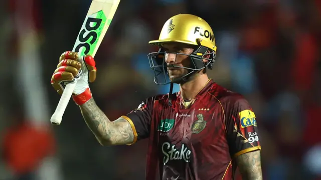 Alex Hales celebrates hitting a half-century for Trinbago Knight Riders to against Antigua & Barbuda Falcons 