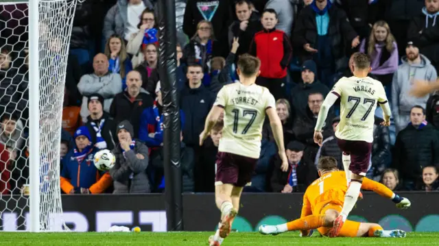 Hearts' Kenneth Vargas takes a shot but it hits the post during