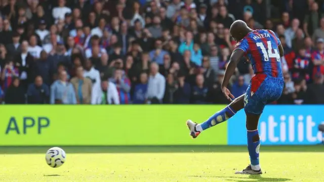 Crystal Palace's Jean-Phillippe Mateta scores his team's second goal from the penalty spot during the Premier League match between Crystal Palace and Leicester City at Selhurst Park.