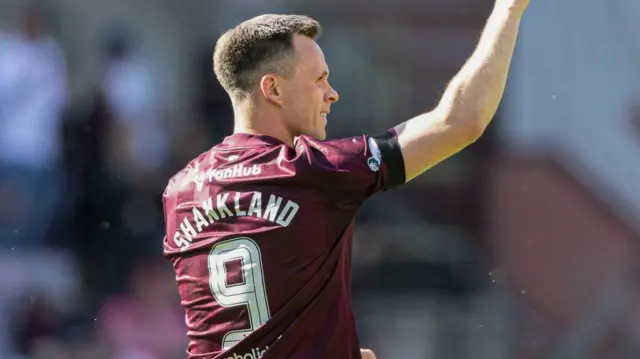 Hearts' Lawrence Shankland celebrates scoring to make it 2-0 during a William Hill Premiership match between Heart of Midlothian and Motherwell at Tynecastle Park