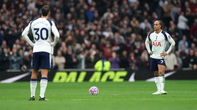 Xavi Simons looks dejected waiting to take kick-off after an Aston Villa goal