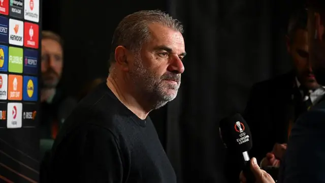Ange Postecoglou speaking to the media after Europa League win