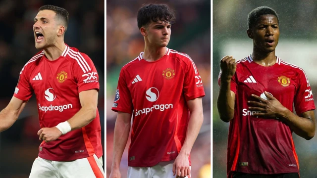 A split graphic showing Diogo Dalot, Tyler Fredicson and Chido Obi for Manchester United