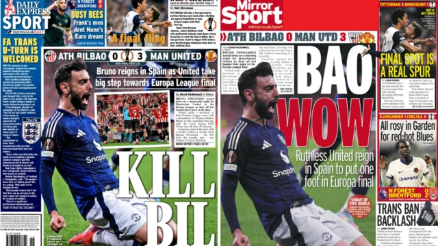 Daily Express and Mirror back pages of Bruno Fernandes