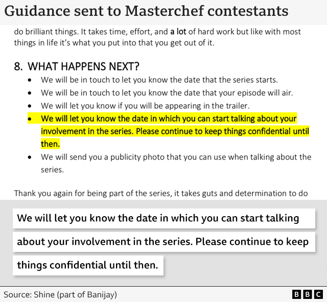 Excerpt of a guidance document sent to MasterChef contestants by Shine (part of Banijay). It highlights this sentence: “We will let you know the date in which you can start talking about your involvement in the series. Please continue to keep things confidential until then.” 