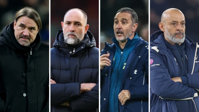 Four-way split image of Daniel Farke, Igor Tudor, Vitor Pereira and Nuno Espirito Santo