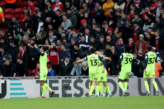 Sunderland players including Jobe, Neil and Ekwah celebrate Sunderland's goal v Middlesbrough