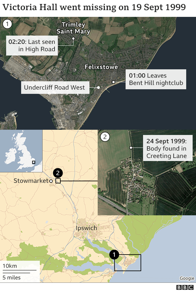 A graphic showing locations where Victoria Hall had been on 19 September 1999 when she left the Bandbox nightclub in Felixstowe at 01:00, was last seen in Trimley St Mary at 02:20, and where her body was found at Creeting St Peter on 24 September 1999.