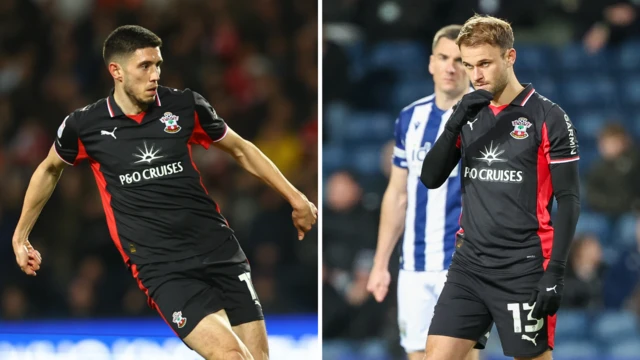 Side-by-side images of Leo Scienza and Ross Stewart playing for Southampton in Southampton's black and red third kit