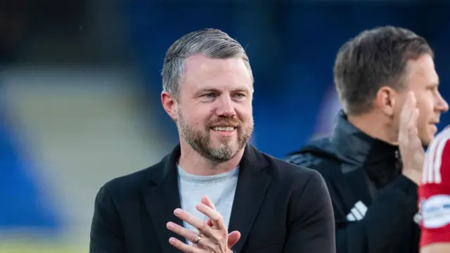 DINGWALL, SCOTLAND - AUGUST 31: Aberdeen manager Jimmy Thelin at full time during a William Hill Premiership match between Ross County and Aberdeen at the Global Energy Stadium, on August 31, 2024, in Dingwall, Scotland