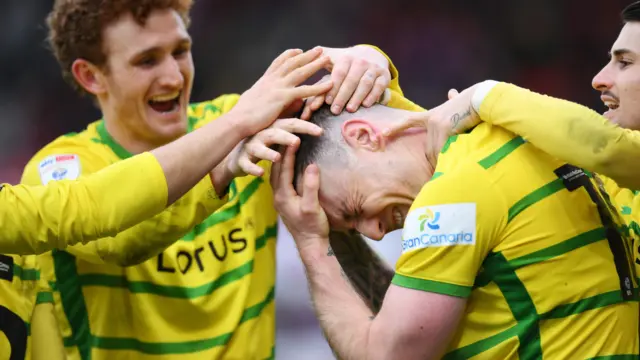 Norwich City celebrate scoring at Stoke