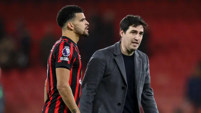 Dominic Solanke and Andoni Iraola look on after match