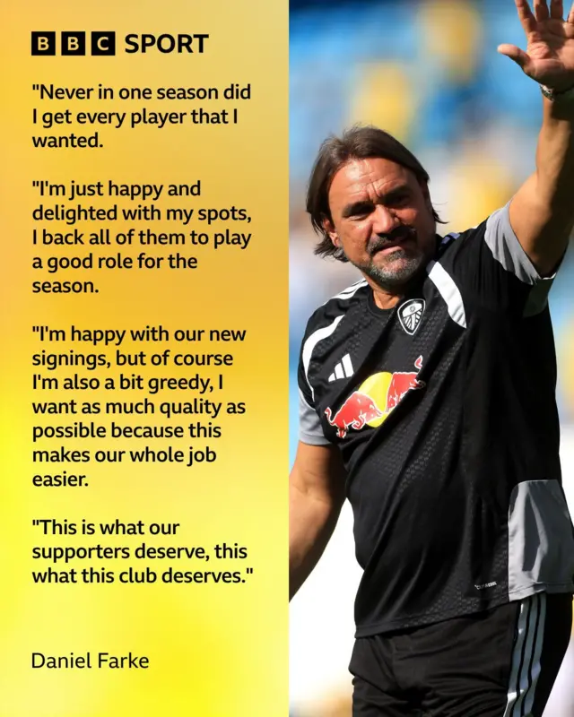 Graphic showing Leeds manager Daniel Farke with the text:

“Never in one season did I get every player that I wanted.

“I'm just happy and delighted with my spots, I back all of them to play a good role for the season.

“I'm happy with our new signings, but of course I'm also a bit greedy, I want as much quality as possible because this makes our whole job easier.

“This is what our supporters deserve, this what this club deserves.”

