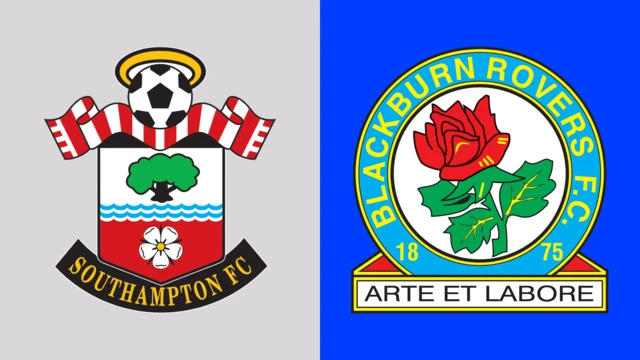 The left side of the image has a grey background with the Southampton badge on it. The right side has a bright blue background with the Blackburn Rovers badge on it.