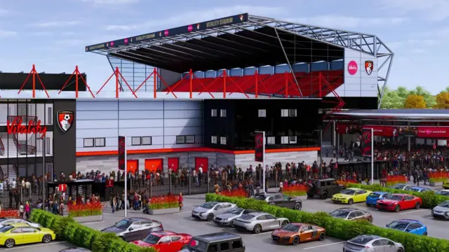 A computer-generated image of the improved South Stand at Bournemouth's Vitality Stadium