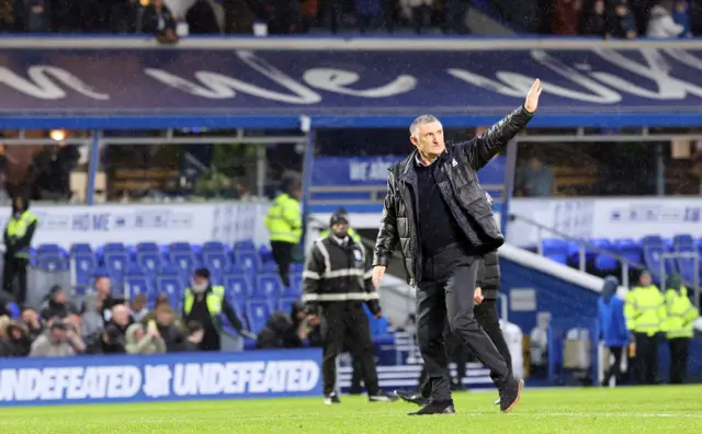 Birmingham head coach Tony Mowbray waves at the travelling fans during the Championship match between Birmingham City and Sunderland at St Andrews (stadium) on February 17, 2024.