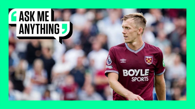 James Ward-Prowse wearing West Ham's claret home shirt during a match, with a crowd out of focus in the background and BBC Sport's 'Ask Me Anything' logo in the top corner.