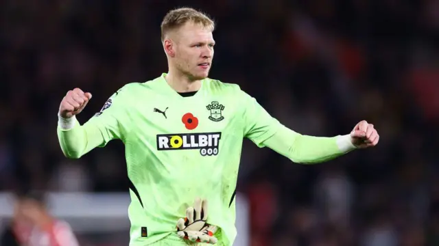 Southampton goalkeeper Aaron Ramsdale celebrates victory during the Premier League match between Southampton FC and Everton FC at St Mary's Stadium