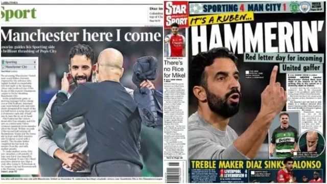 Wednesday's newspapers make for tricky reading for Manchester City fans and have a Manchester United slant.
Incoming United manager Ruben Amorim is hailed. The Star calls him 'Ruben Hammerin' after his Sporting Lisbon side beat City 4-1.
'Manchester here I come' reads The Times.
The Sun goes with 'Ferglee Time' and points to Amorim's own words given he'd stated if Sporting overcame City, United fans may think they are getting the next Sir Alex Ferguson in as manaager.
Finally The Guardian goes for some Oasis, simply stating 'He's electric', with a nod to both hat-trick hero Viktor Gyokeres and Amorim.
