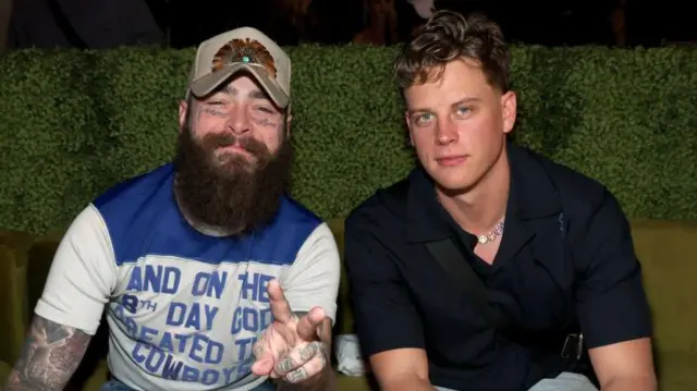 Post Malone and Joe Burrow at the Fanatics Super Bowl party