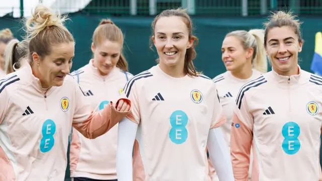 (L-R) Sophie Howard, Caroline Weir and Nicola Docherty during a Scotland Women's National Team training session at the Oriam