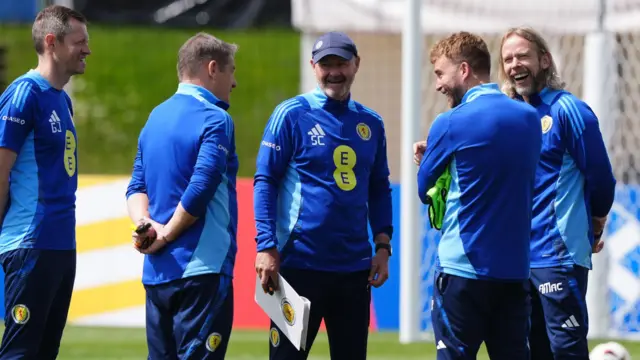 Scotland manager Steve Clarke (centre) with the coaching staff during a training session at Stadion am Groben in Garmisch-Partenkirchen, Germany.