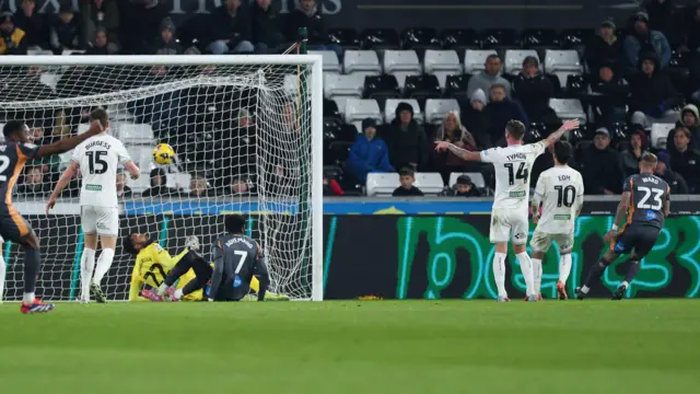 Joe Ward scores for Derby against Swansea 