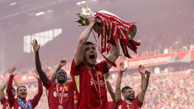 Andy Robertson celebrates with the Premier League trophy