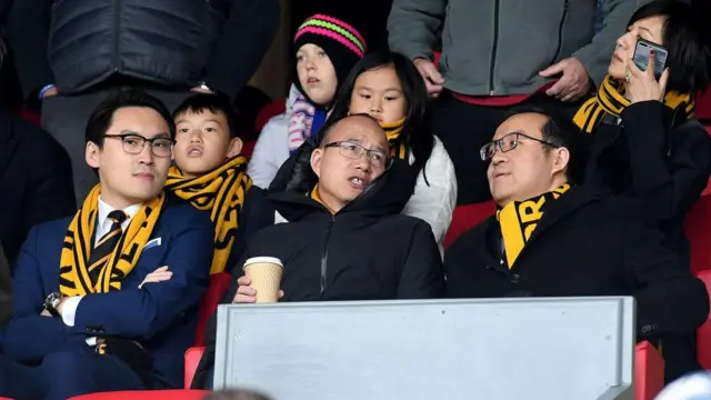 Sky Sun Director of Wolverhampton Wanderers, Guo Guangchang the chairman of Fosun International Limited and Jeff Shi Executive Chairman of Wolverhampton Wanderers during the Premier League match between Crystal Palace and Wolverhampton Wanderers at Selhurst Park