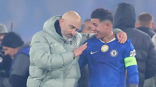 Manchester City manager Enzo Maresca and Chelsea midfielder Enzo Fernandez
